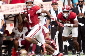 Sep 19, 2026; Tuscaloosa, AL, USA;  Alabama wide receiver Ryan Coleman-Williams (1) runs for a long touchdown at Bryant-Denny Stadium. Alabama defeated Florida State 50-36. Mandatory Credit: Gary Cosby Jr.-Tuscaloosa News