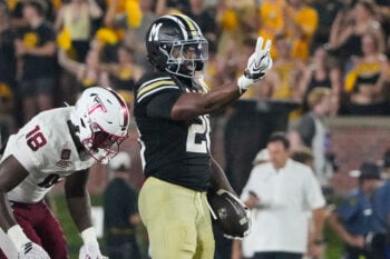 Sep 19, 2026; Columbia, Missouri, USA; Missouri Tigers running back Jamal Roberts (20) celebrates after a run against the Troy Trojans during the second half of the game at Faurot Field at Memorial Stadium. Mandatory Credit: Denny Medley-Imagn Images