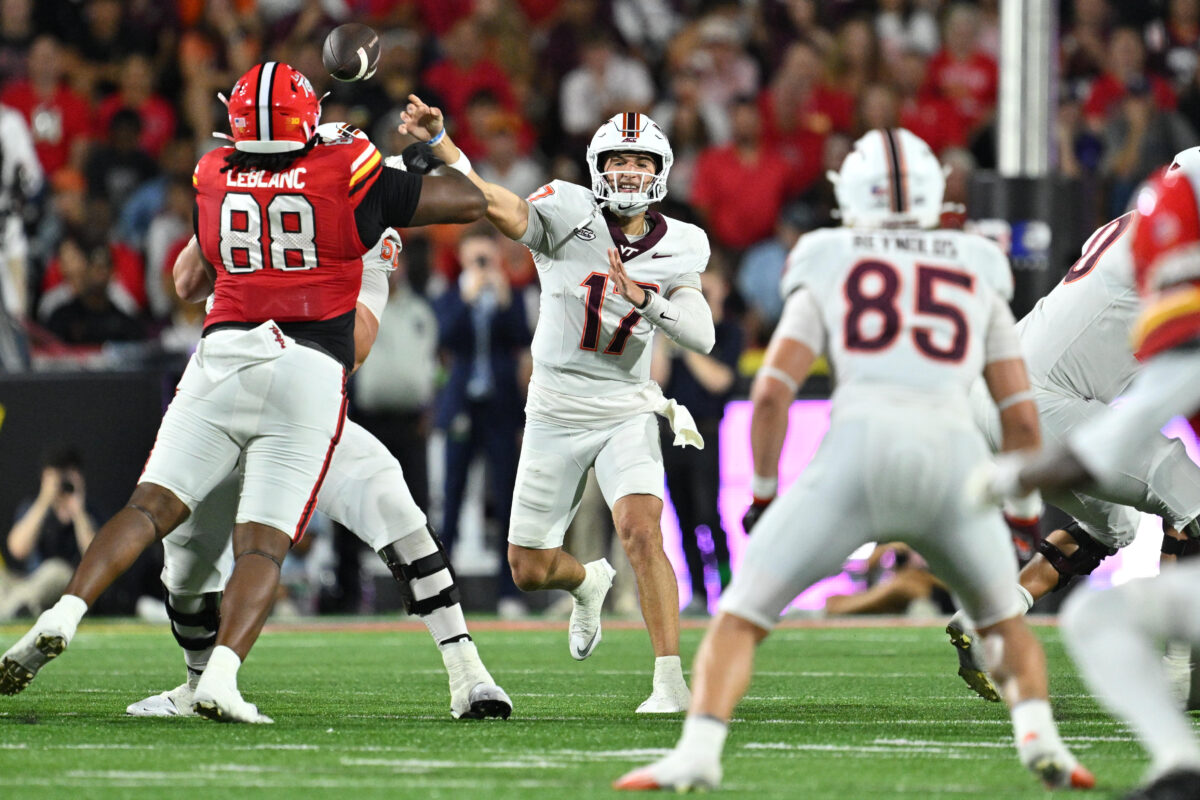Sep 19, 2026; College Park, Maryland, USA;  Virginia Tech Hokies quarterback Ethan Grunkemeyer (17) passes downfield in the first half against the Maryland Terrapins at SECU Stadium. Mandatory Credit: Jamie Sabau-Imagn Images
