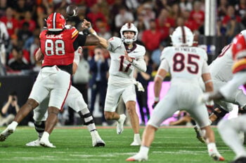 Sep 19, 2026; College Park, Maryland, USA;  Virginia Tech Hokies quarterback Ethan Grunkemeyer (17) passes downfield in the first half against the Maryland Terrapins at SECU Stadium. Mandatory Credit: Jamie Sabau-Imagn Images