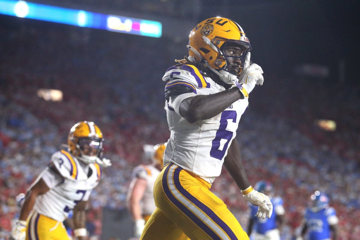 Sep 19, 2026; Oxford, Mississippi, USA; Louisiana State Tigers wide receiver Winston Watkins (6) celebrates scoring a touchdown against the Mississippi Rebels during the third quarter at Vaught-Hemingway Stadium. Mandatory Credit: Petre Thomas-Imagn Images