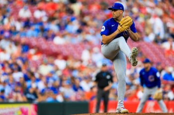 Sep 19, 2026; Cincinnati, Ohio, USA; Chicago Cubs starting pitcher Matthew Boyd (16) pitches against the Cincinnati Reds in the first inning at Great American Ball Park. Mandatory Credit: Katie Stratman-Imagn Images
