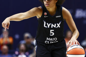 Sep 20, 2026; Uncasville, Connecticut, USA;  Minnesota Lynx guard Olivia Miles (5) dribbles the ball against Connecticut Sun in the second half at Mohegan Sun Arena.  Mandatory Credit: John Dufour-Imagn Images
