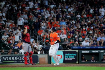 Sep 20, 2026; Houston, Texas, USA;  Houston Astros catcher Yainer Diaz (21) crosses home plate after hitting a home run to right-center field against the Atlanta Braves during the eighth inning at Daikin Park.  Mandatory Credit: Erik Williams-Imagn Images