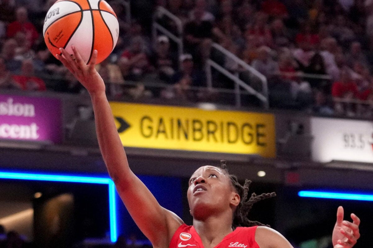 Indiana Fever guard Kelsey Mitchell (0) shoots the ball against the Washington Mystics during a game Sunday, Sept. 20, 2026, at Gainbridge Fieldhouse in Indianapolis. The Mystics defeated the Fever 93-77.