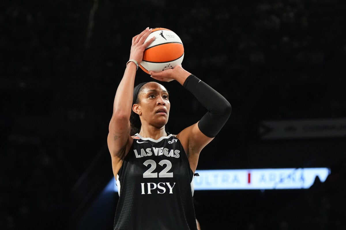 Sep 20, 2026; Las Vegas, Nevada, USA;  Las Vegas Aces center A'ja Wilson (22) shoots a free throw against the Seattle Storm in the second quarter at Michelob Ultra Arena.  Mandatory Credit: Candice Ward-Imagn Images