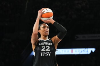 Sep 20, 2026; Las Vegas, Nevada, USA;  Las Vegas Aces center A'ja Wilson (22) shoots a free throw against the Seattle Storm in the second quarter at Michelob Ultra Arena.  Mandatory Credit: Candice Ward-Imagn Images