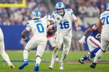 Detroit Lions quarterback Jared Goff (16) hands the ball to running back Jahmyr Gibbs (0) against Buffalo Bills during the first half at Highmark Stadium in Orchard Park, NY, on Thursday, Sept. 17, 2026.