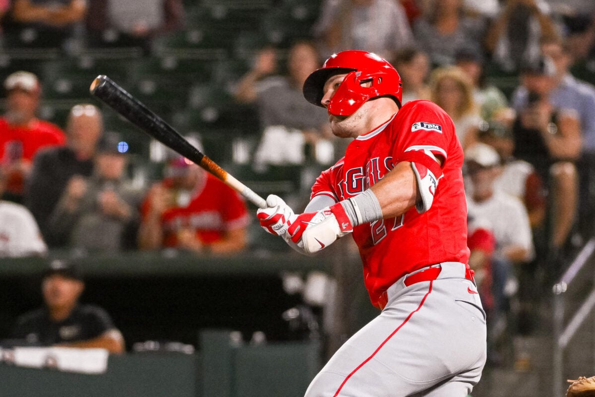 Sep 22, 2026; West Sacramento, California, USA;  Los Angeles Angels center fielder Mike Trout (27) hits a double against the Athletics during the fourth inning at Sutter Health Park.  Mandatory Credit: Ed Szczepanski-Imagn Images