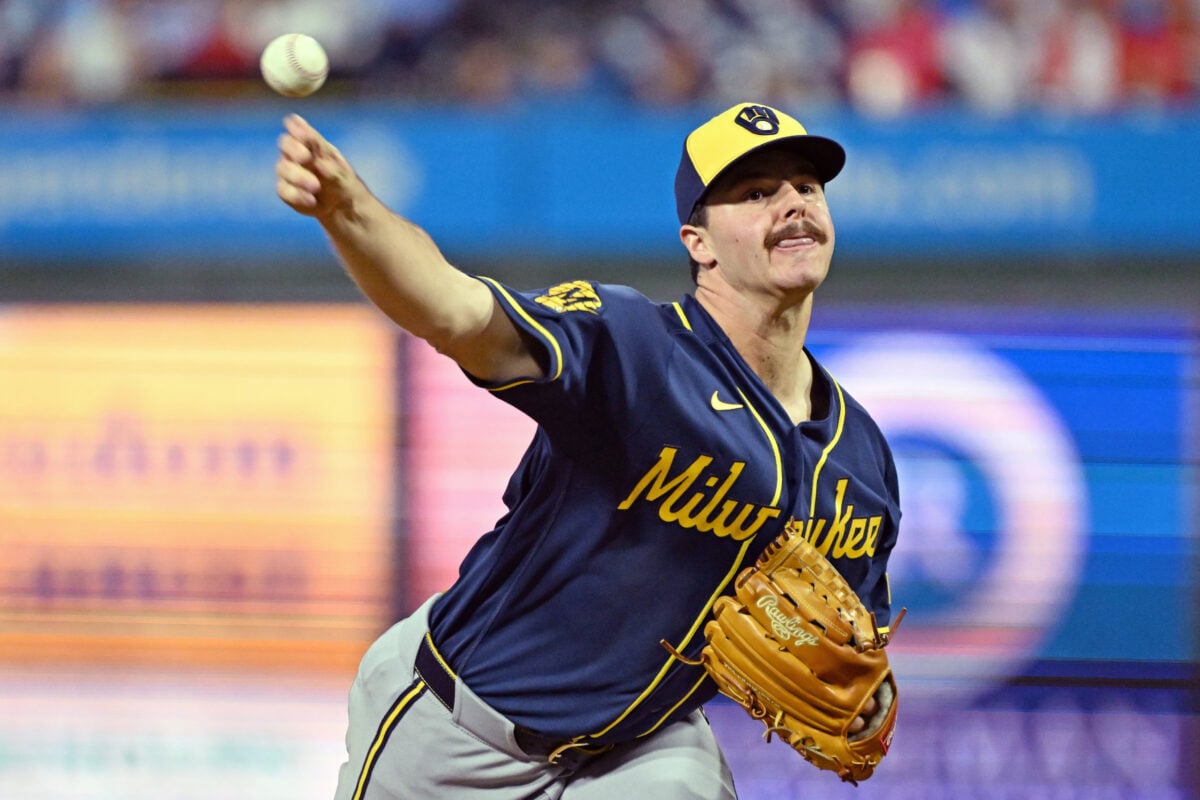 Sep 23, 2026; Philadelphia, Pennsylvania, USA; Milwaukee Brewers pitcher Logan Henderson (43) throws a pitch during the second inning against the Philadelphia Phillies at Citizens Bank Park. Mandatory Credit: Eric Hartline-Imagn Images