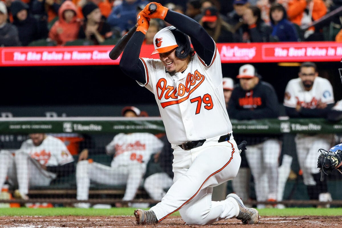 Sep 23, 2026; Baltimore, Maryland, USA;  Baltimore Orioles catcher Yohel Pozo (79) falls while swinging at a pitch during the eighth inning in Game 2 of a doubleheader against the Toronto Blue Jays at Oriole Park at Camden Yards.  Mandatory Credit: Daniel Kucin Jr.-Imagn Images