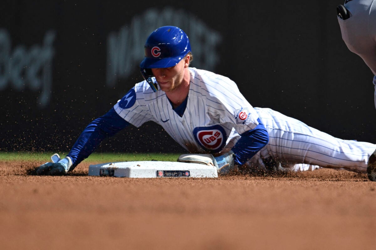 Sep 24, 2026; Chicago, Illinois, USA;  Chicago Cubs center fielder Pete Crow-Armstrong (4) steals second base during the first inning against the Miami Marlins at Wrigley Field. It was his 40th stolen base.  Mandatory Credit: Matt Marton-Imagn Images