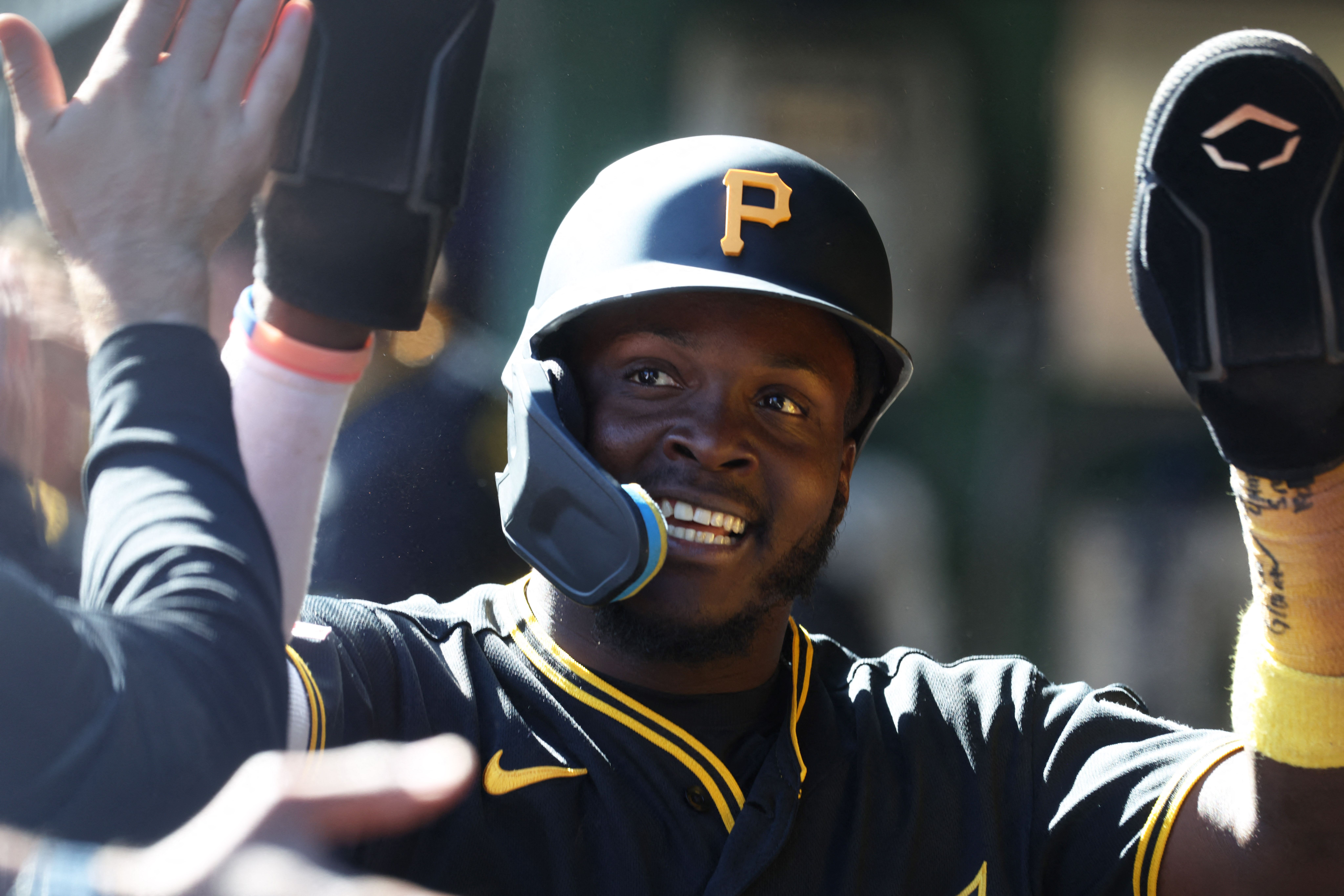 Sep 24, 2026; Pittsburgh, Pennsylvania, USA;  Pittsburgh Pirates right fielder Ronny Simon (63) celebrates in the dugout after scoring a run against the St. Louis Cardinals during the eighth inning at PNC Park.  Mandatory Credit: Charles LeClaire-Imagn Images
