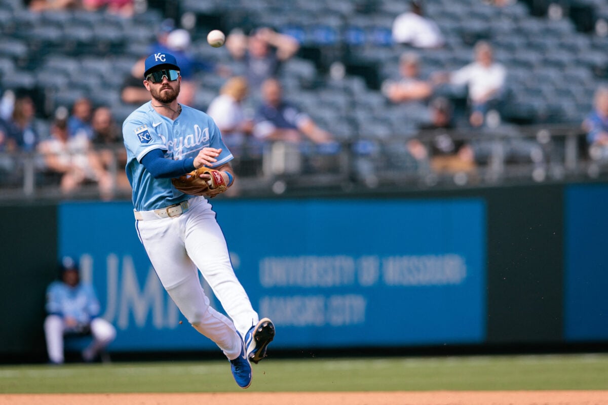 Sep 24, 2026; Kansas City, Missouri, USA;  Kansas City Royals third baseman Nick Loftin (12) throws to first base during the sixth inning against the Chicago White Sox at Kauffman Stadium.  Mandatory Credit: William Purnell-Imagn Images