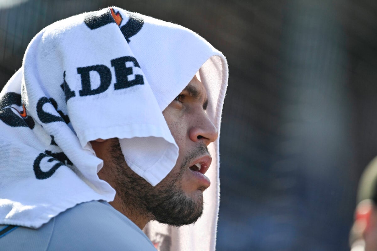 Sep 24, 2026; Chicago, Illinois, USA; Miami Marlins designated hitter Agustin Ramirez (50) looks on from the dugout during the game against the Chicago Cubs at Wrigley Field. Mandatory Credit: Matt Marton-Imagn Images