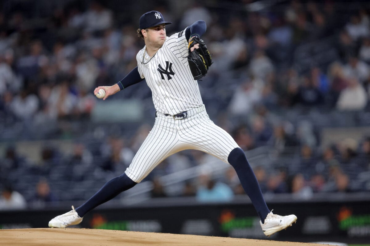 Sep 24, 2026; Bronx, New York, USA; New York Yankees starting pitcher Cam Schlittler (31) pitches against the Tampa Bay Rays during the first inning at Yankee Stadium. Mandatory Credit: Brad Penner-Imagn Images