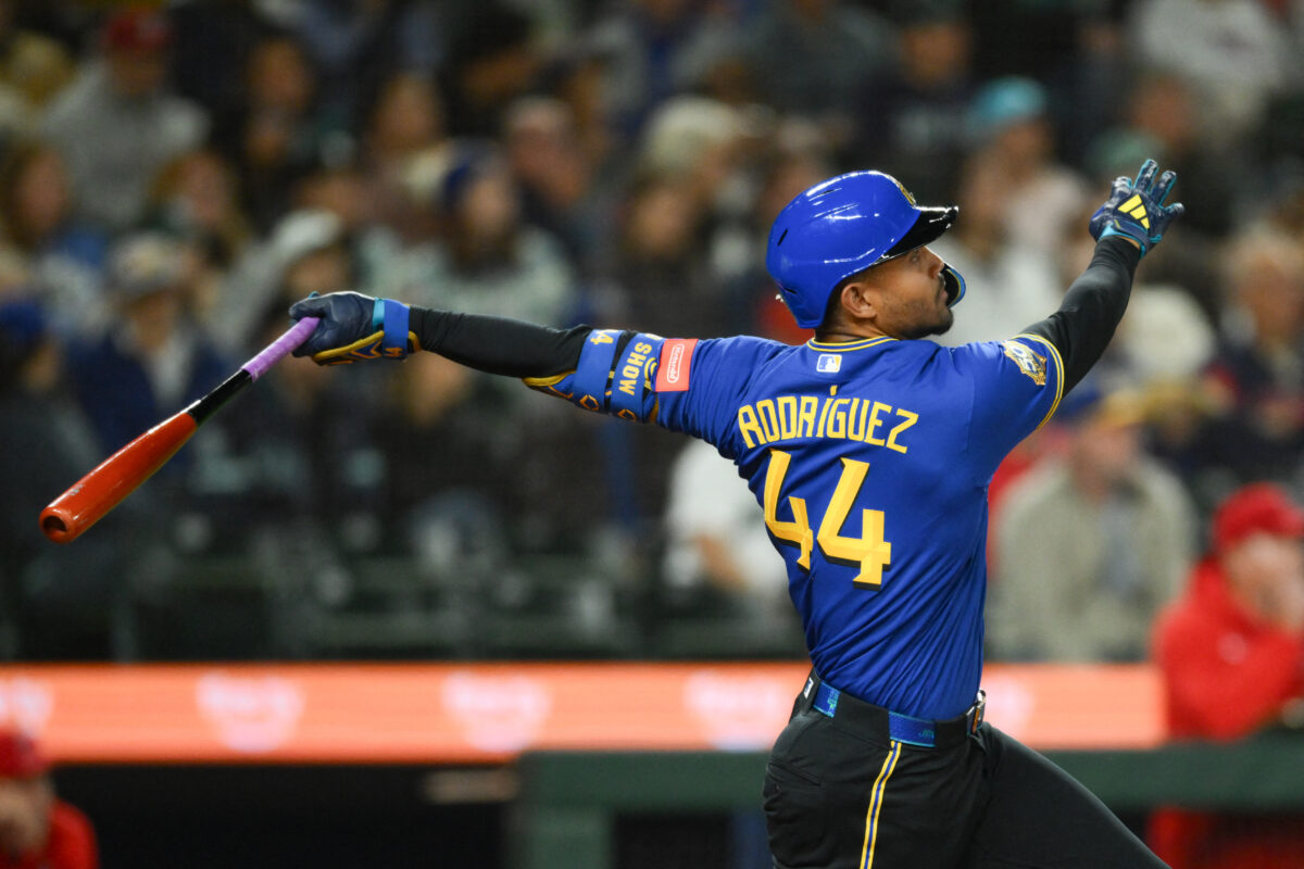 Sep 24, 2026; Seattle, Washington, USA; Seattle Mariners center fielder Julio Rodríguez (44) hits a 2-run home run against the Los Angeles Angels during the second inning at T-Mobile Park. Mandatory Credit: Steven Bisig-Imagn Images