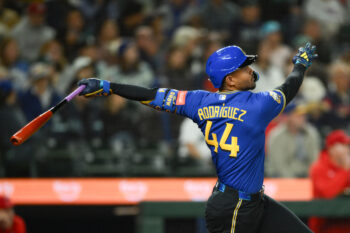Sep 24, 2026; Seattle, Washington, USA; Seattle Mariners center fielder Julio Rodríguez (44) hits a 2-run home run against the Los Angeles Angels during the second inning at T-Mobile Park. Mandatory Credit: Steven Bisig-Imagn Images