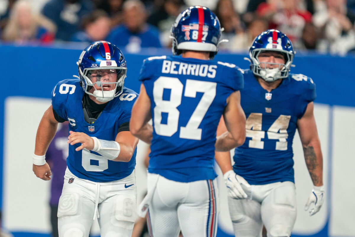 New York Giants quarterback Jaxson Dart (6) celebrates with New York Giants running back Cam Skattebo (44) and New York Giants wide receiver Braxton Berrios (87) during a week one opening game between the New York Giants and Dallas Cowboys at Metlife Stadium on Sunday, Sept. 13, 2026, in East Rutherford, NJ.