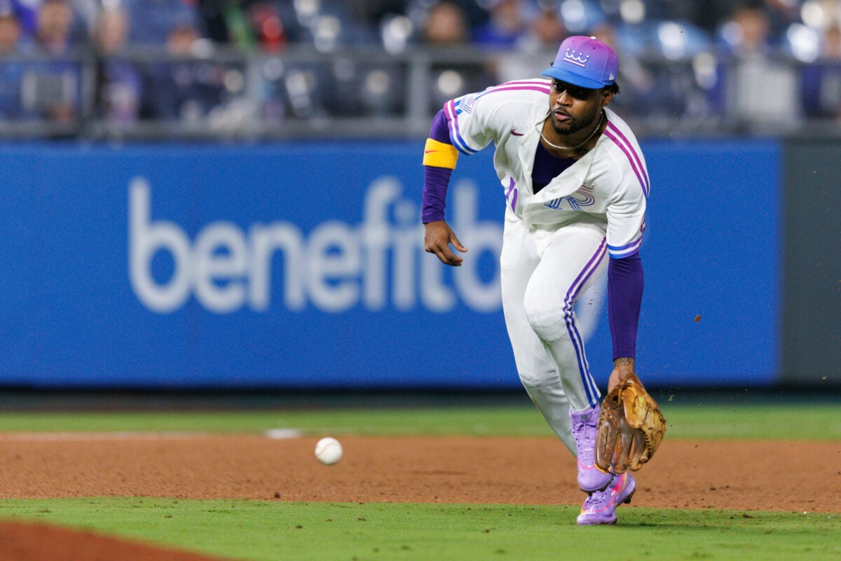 Sep 25, 2026; Kansas City, Missouri, USA; Kansas City Royals third baseman Maikel Garcia (11) fields a ground ball during the ninth inning against the Cleveland Guardians at Kauffman Stadium. Mandatory Credit: William Purnell-Imagn Images