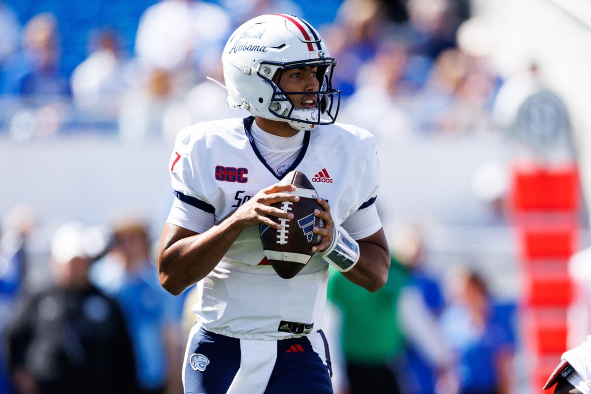 Sep 26, 2026; Lexington, Kentucky, USA; South Alabama Jaguars quarterback Jared Hollins (7) looks to pass during the first quarter against the Kentucky Wildcats at Kroger Field. Mandatory Credit: Jordan Prather-Imagn Images