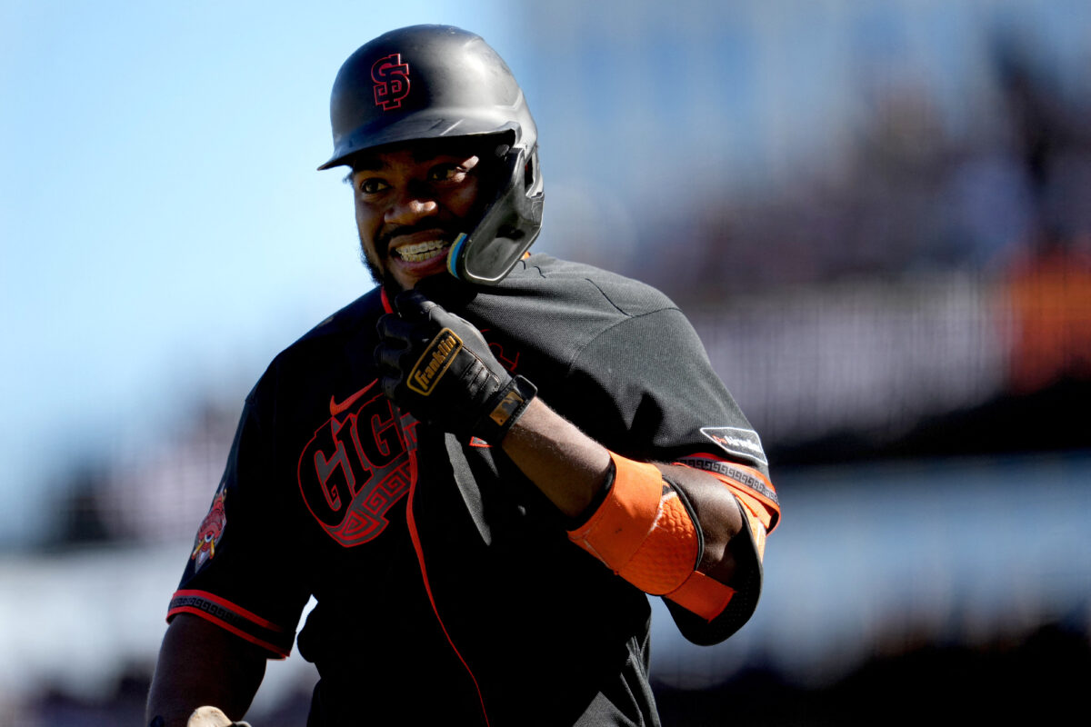 Sep 26, 2026; San Francisco, California, USA;  San Francisco Giants pinch hitter Osleivis Basabe (39) reacts after striking out against the Los Angeles Dodgers in the ninth inning at Oracle Park.  Mandatory Credit: Cary Edmondson-Imagn Images