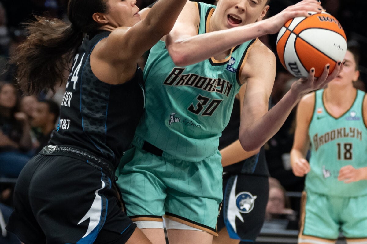 Sep 27, 2026; Minneapolis, Minnesota, USA;  New York Liberty forward Breanna Stewart (30) drives to the basket as Minnesota Lynx forward Napheesa Collier (24) plays defense in the second half during game one of the first round for the 2026 WNBA Playoffs at Target Center.  Mandatory Credit: Jesse Johnson-Imagn Images