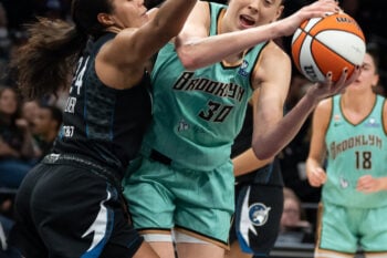 Sep 27, 2026; Minneapolis, Minnesota, USA;  New York Liberty forward Breanna Stewart (30) drives to the basket as Minnesota Lynx forward Napheesa Collier (24) plays defense in the second half during game one of the first round for the 2026 WNBA Playoffs at Target Center.  Mandatory Credit: Jesse Johnson-Imagn Images