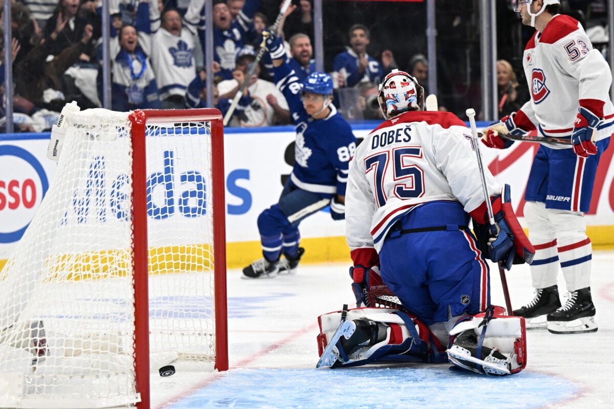 Sep 29, 2026; Toronto, Ontario, CAN; Montreal Canadiens goalie Jakub Dobes (75) is beaten for a goal on a shot from Toronto Maple Leafs forward William Nylander (88) in the first period at Scotiabank Arena. Mandatory Credit: Dan Hamilton-Imagn Images