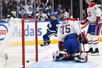 Sep 29, 2026; Toronto, Ontario, CAN;  Montreal Canadiens goalie Jakub Dobes (75) is beaten for a goal on a shot from  Toronto Maple Leafs forward William Nylander (88) in the first period at Scotiabank Arena.  Mandatory Credit: Dan Hamilton-Imagn Images