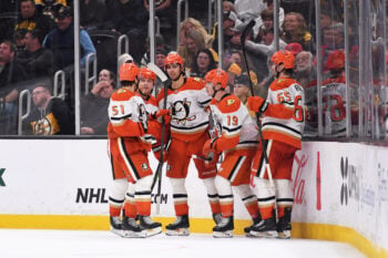 Oct 23, 2025; Boston, Massachusetts, USA; Anaheim Ducks right wing Troy Terry (19) is congratulated by his teammates after scoring a goal during the third period against the Boston Bruins at TD Garden. Mandatory Credit: Bob DeChiara-Imagn Images