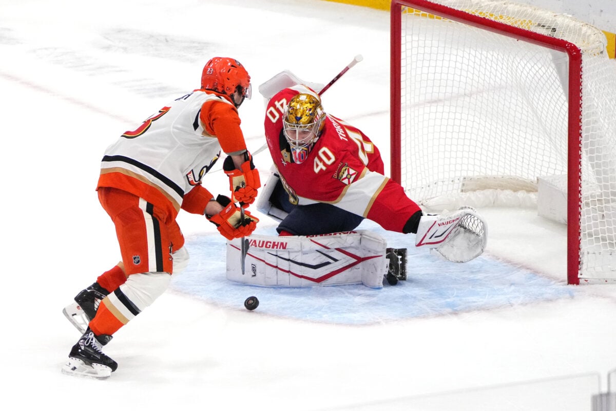 Oct 28, 2025; Sunrise, Florida, USA; Anaheim Ducks center Mason McTavish (23) scores a goal past Florida Panthers goaltender Daniil Tarasov (40) during an overtime shootout at Amerant Bank Arena. Mandatory Credit: Jim Rassol-Imagn Images