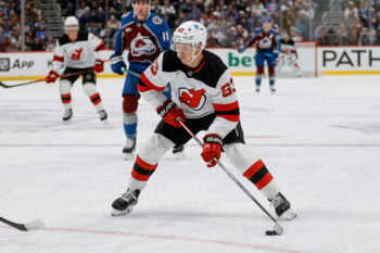 Oct 28, 2025; Denver, Colorado, USA; New Jersey Devils left wing Jesper Bratt (63) attempts a shot in the first period against the Colorado Avalanche at Ball Arena. Mandatory Credit: Isaiah J. Downing-Imagn Images