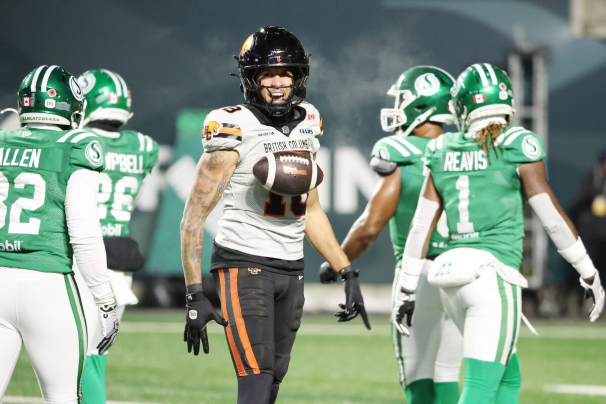 Nov 8, 2025; Regina, Saskatchewan, Canada;  BC Lions wide receiver Justin McInnis (18) celebrates his catch during the second half of the CFL Western Conference Final between the BC Lions and the Saskatchewan Roughriders at Mosaic Stadium. Mandatory Credit: Bruce Fedyck-Imagn Images