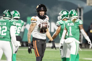 Nov 8, 2025; Regina, Saskatchewan, Canada;  BC Lions wide receiver Justin McInnis (18) celebrates his catch during the second half of the CFL Western Conference Final between the BC Lions and the Saskatchewan Roughriders at Mosaic Stadium. Mandatory Credit: Bruce Fedyck-Imagn Images