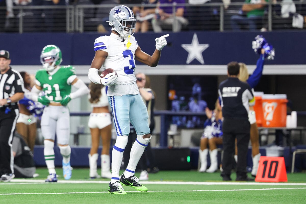 Nov 23, 2025; Arlington, Texas, USA; Dallas Cowboys wide receiver George Pickens (3) reacts after a play in the fourth quarter against the Philadelphia Eagles at AT&T Stadium. Mandatory Credit: Kevin Jairaj-Imagn Images