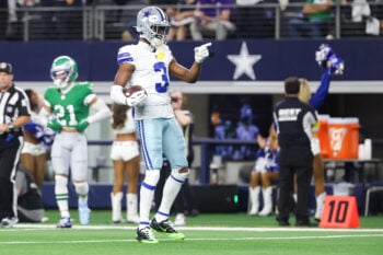 Nov 23, 2025; Arlington, Texas, USA; Dallas Cowboys wide receiver George Pickens (3) reacts after a play in the fourth quarter against the Philadelphia Eagles  at AT&T Stadium. Mandatory Credit: Kevin Jairaj-Imagn Images
