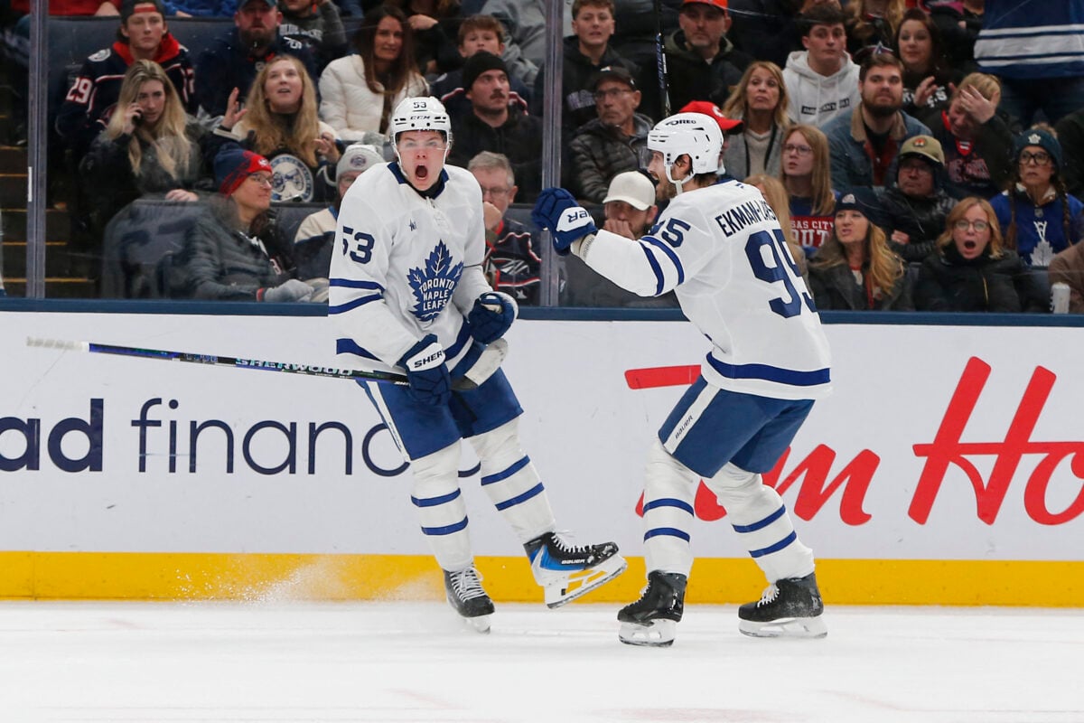 Nov 26, 2025; Columbus, Ohio, USA; Toronto Maple Leafs right wing Easton Cowan (53) celebrates his goal against the Columbus Blue Jackets during the third period at Nationwide Arena. Mandatory Credit: Russell LaBounty-Imagn Images
