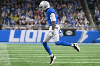 Nov 27, 2025; Detroit, Michigan, USA; Detroit Lions wide receiver Jameson Williams (1) reacts to dropping a catch against the Green Bay Packers during the third quarter at Ford Field. Mandatory Credit: Lon Horwedel-Imagn Images