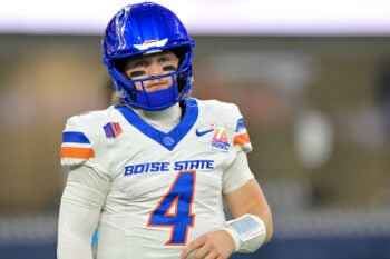 Dec 13, 2025; Inglewood, CA, USA;  Boise State Broncos quarterback Maddux Madsen (4) warms up prior to the LA Bowl Game against the Washington Huskies at SoFi Stadium. Mandatory Credit: Jayne Kamin-Oncea-Imagn Images