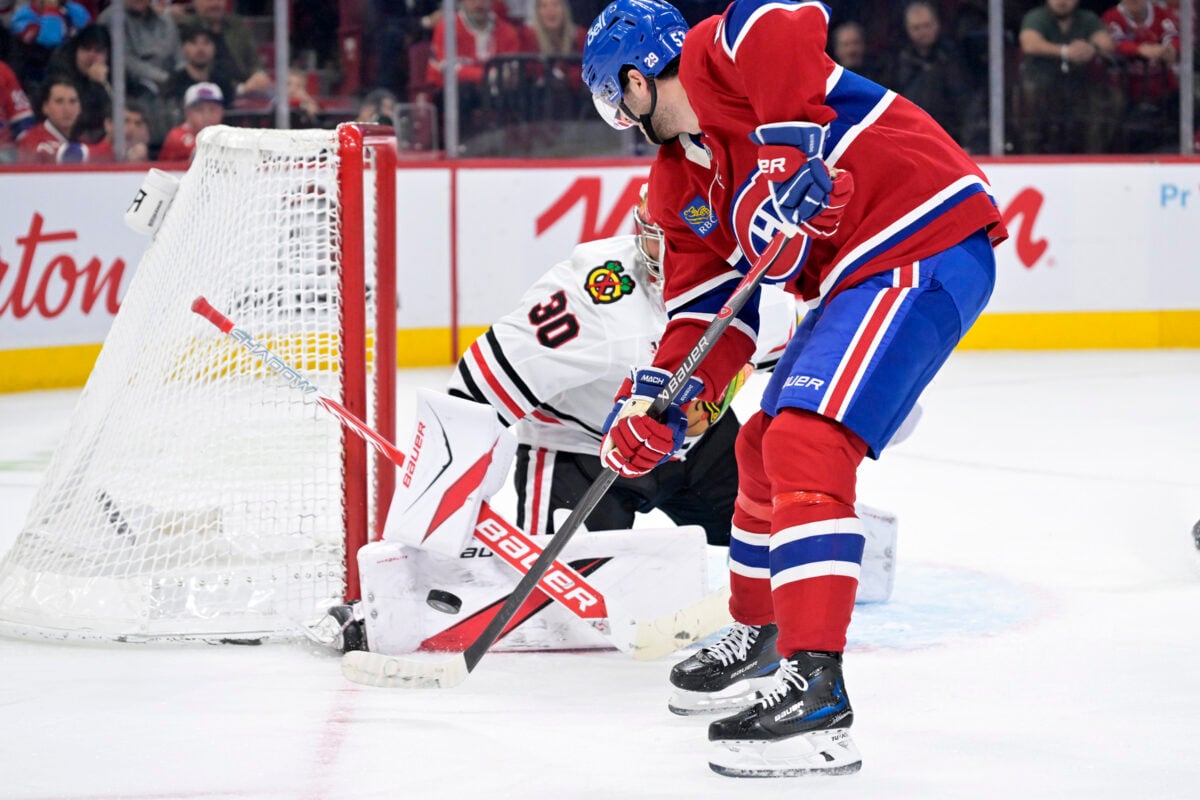 Dec 18, 2025; Montreal, Quebec, CAN; Montreal Canadiens defenseman Noah Dobson (53) scores a goal against Chicago Blackhawks goalie Spencer Knight (30) during the third period at the Bell Centre. Mandatory Credit: Eric Bolte-Imagn Images