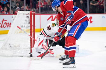 Dec 18, 2025; Montreal, Quebec, CAN; Montreal Canadiens defenseman Noah Dobson (53) scores a goal against Chicago Blackhawks goalie Spencer Knight (30) during the third period at the Bell Centre. Mandatory Credit: Eric Bolte-Imagn Images