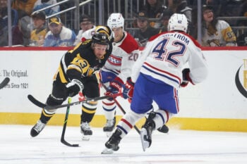 Dec 21, 2025; Pittsburgh, Pennsylvania, USA;  Pittsburgh Penguins right wing Kevin Hayes (13) moves the puck against MontrŽal Canadiens left wing Juraj Slafkovsk? (20) and defenseman Adam Engstrom (42) during the first period at PPG Paints Arena. Mandatory Credit: Charles LeClaire-Imagn Images