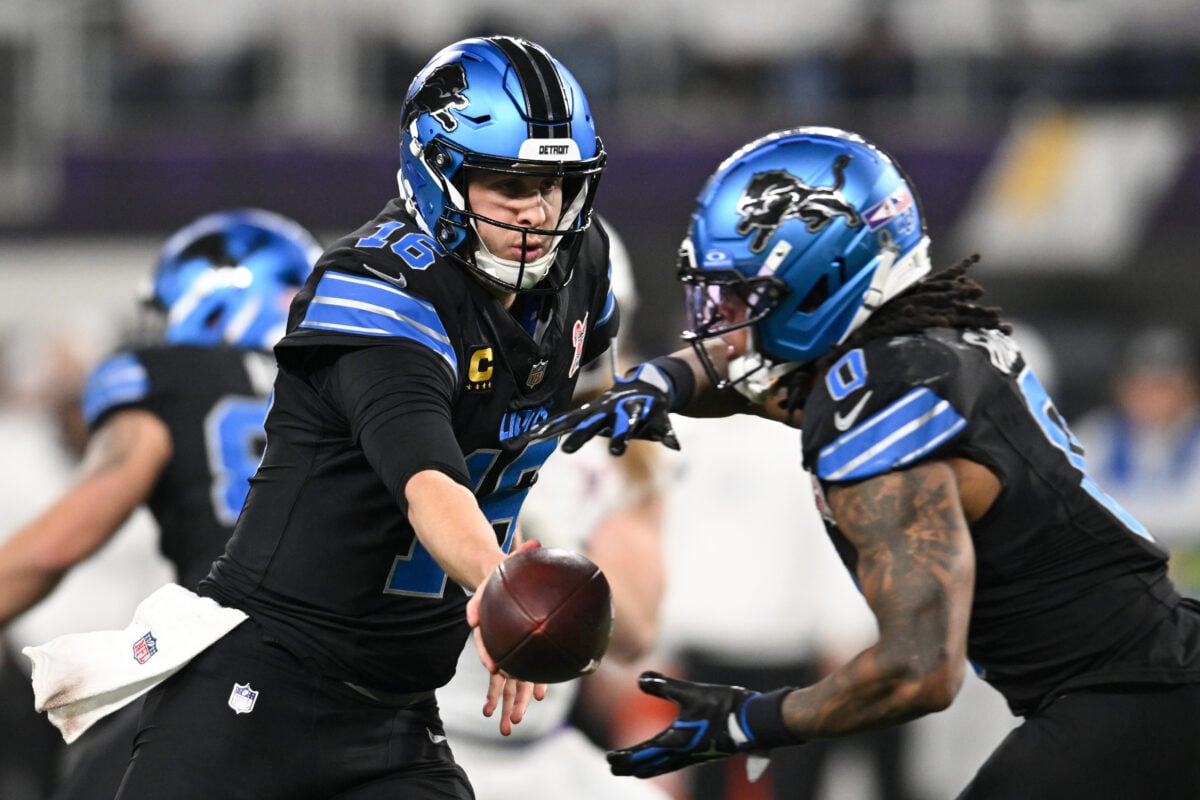 Dec 25, 2025; Minneapolis, Minnesota, USA; Detroit Lions quarterback Jared Goff (16) hands the ball to running back Jahmyr Gibbs (0) against the Minnesota Vikings in the second half at U.S. Bank Stadium. Mandatory Credit: Jeffrey Becker-Imagn Images