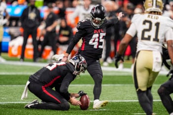 Jan 4, 2026; Atlanta, Georgia, USA; Atlanta Falcons place kicker Zane Gonzalez (45) kicks a field goal during the game against the New Orleans Saints during the second half at Mercedes-Benz Stadium. Mandatory Credit: Dale Zanine-Imagn Images
