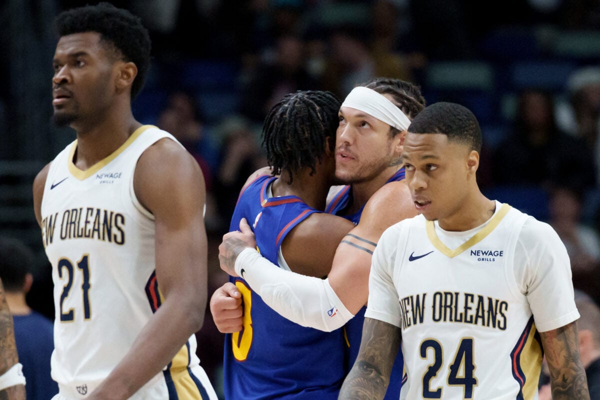 Jan 13, 2026; New Orleans, Louisiana, USA;  Denver Nuggets forward Aaron Gordon (32) reacts to a basket with guard Peyton Watson (8) during the fourth quarter at Smoothie King Center. Mandatory Credit: Matthew Hinton-Imagn Images