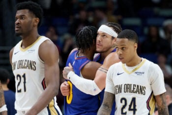 Jan 13, 2026; New Orleans, Louisiana, USA;  Denver Nuggets forward Aaron Gordon (32) reacts to a basket with guard Peyton Watson (8) during the fourth quarter at Smoothie King Center. Mandatory Credit: Matthew Hinton-Imagn Images