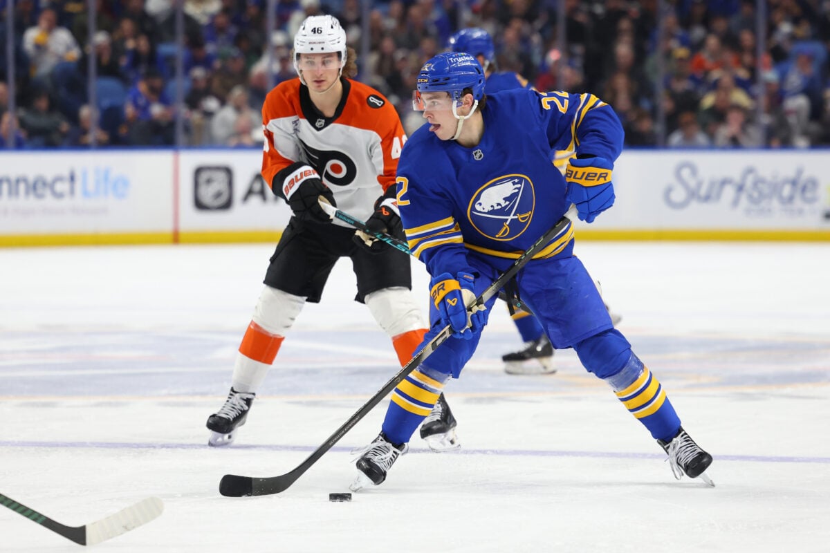 Jan 14, 2026; Buffalo, New York, USA; Buffalo Sabres right wing Jack Quinn (22) skates up ice with the puck during the second period at KeyBank Center. Mandatory Credit: Timothy T. Ludwig-Imagn Images