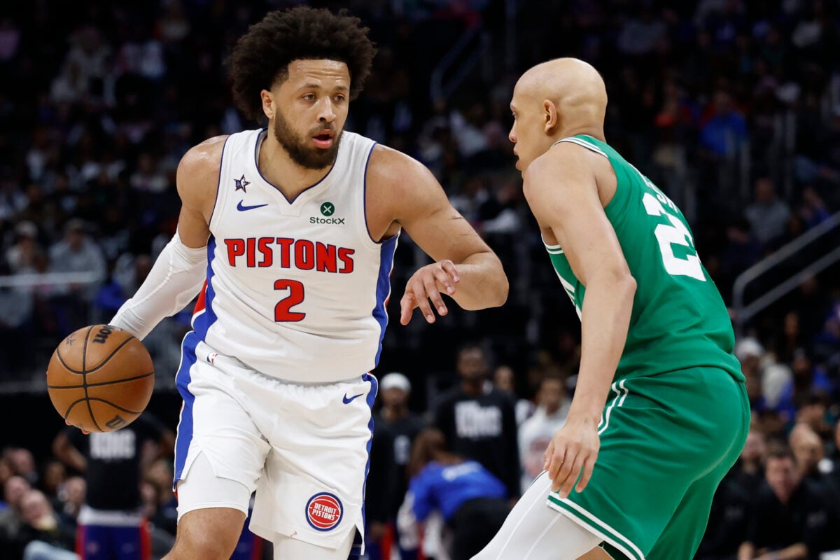 Jan 19, 2026; Detroit, Michigan, USA; Detroit Pistons guard Cade Cunningham (2) dribbles against Boston Celtics guard Jordan Walsh (27) in the second half at Little Caesars Arena. Mandatory Credit: Rick Osentoski-Imagn Images