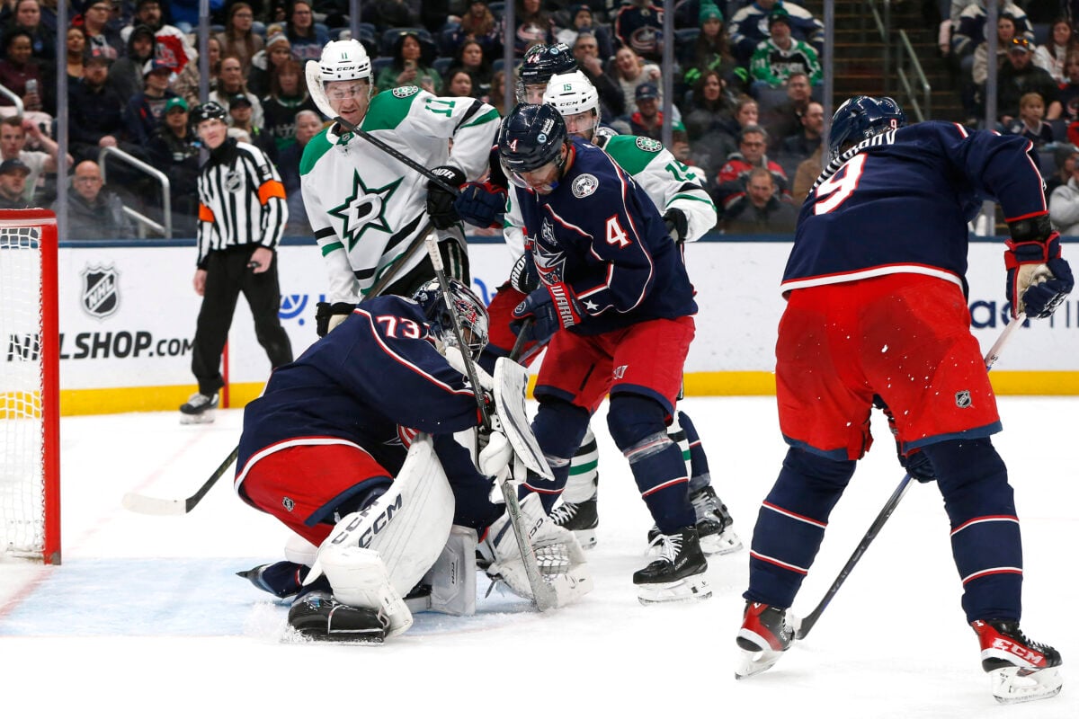 Jan 22, 2026; Columbus, Ohio, USA; Columbus Blue Jackets goalie Jet Greaves (73) makes a save from the shot of Dallas Stars right wing Nathan Bastian (11) during the third period at Nationwide Arena. Mandatory Credit: Russell LaBounty-Imagn Images